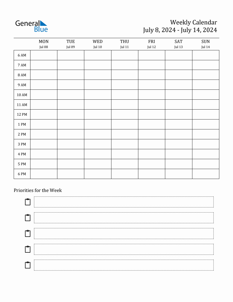 Hourly Schedule Template for the Week of July 8, 2024