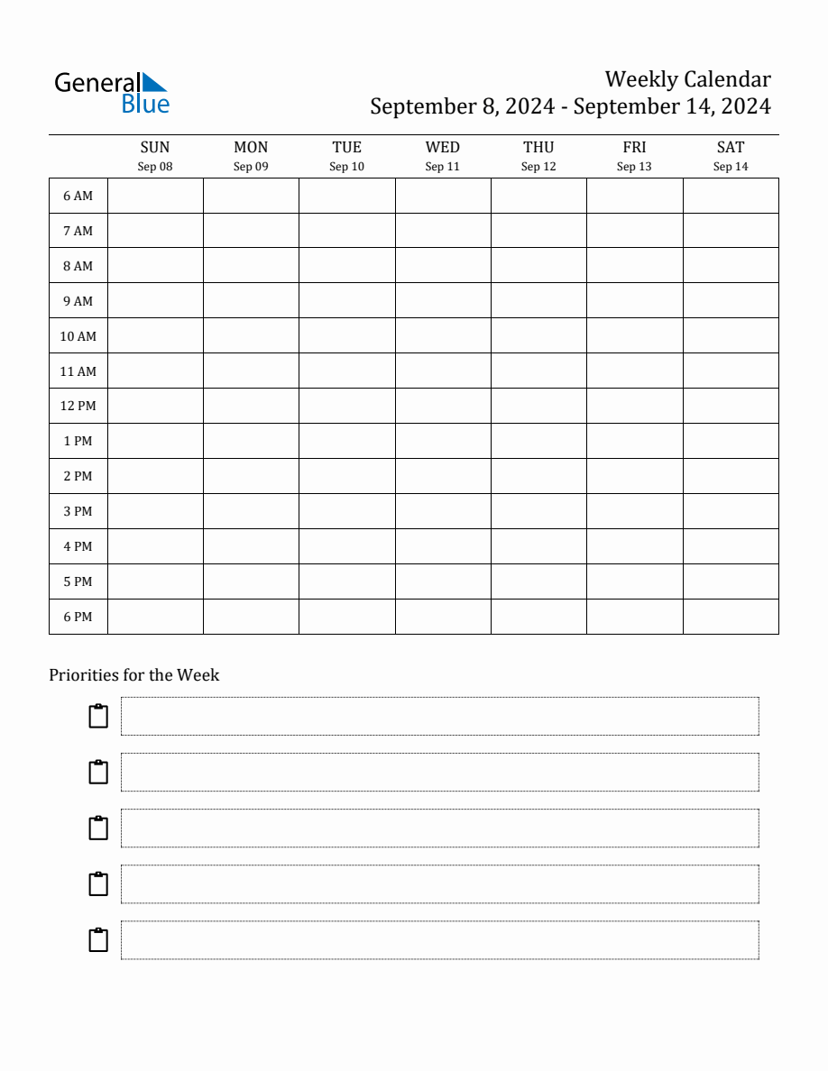 Hourly Schedule Template for the Week of September 8, 2024