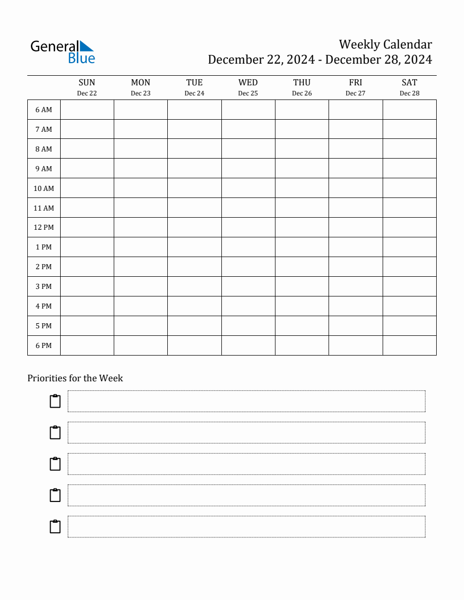 Hourly Schedule Template for the Week of December 22, 2024