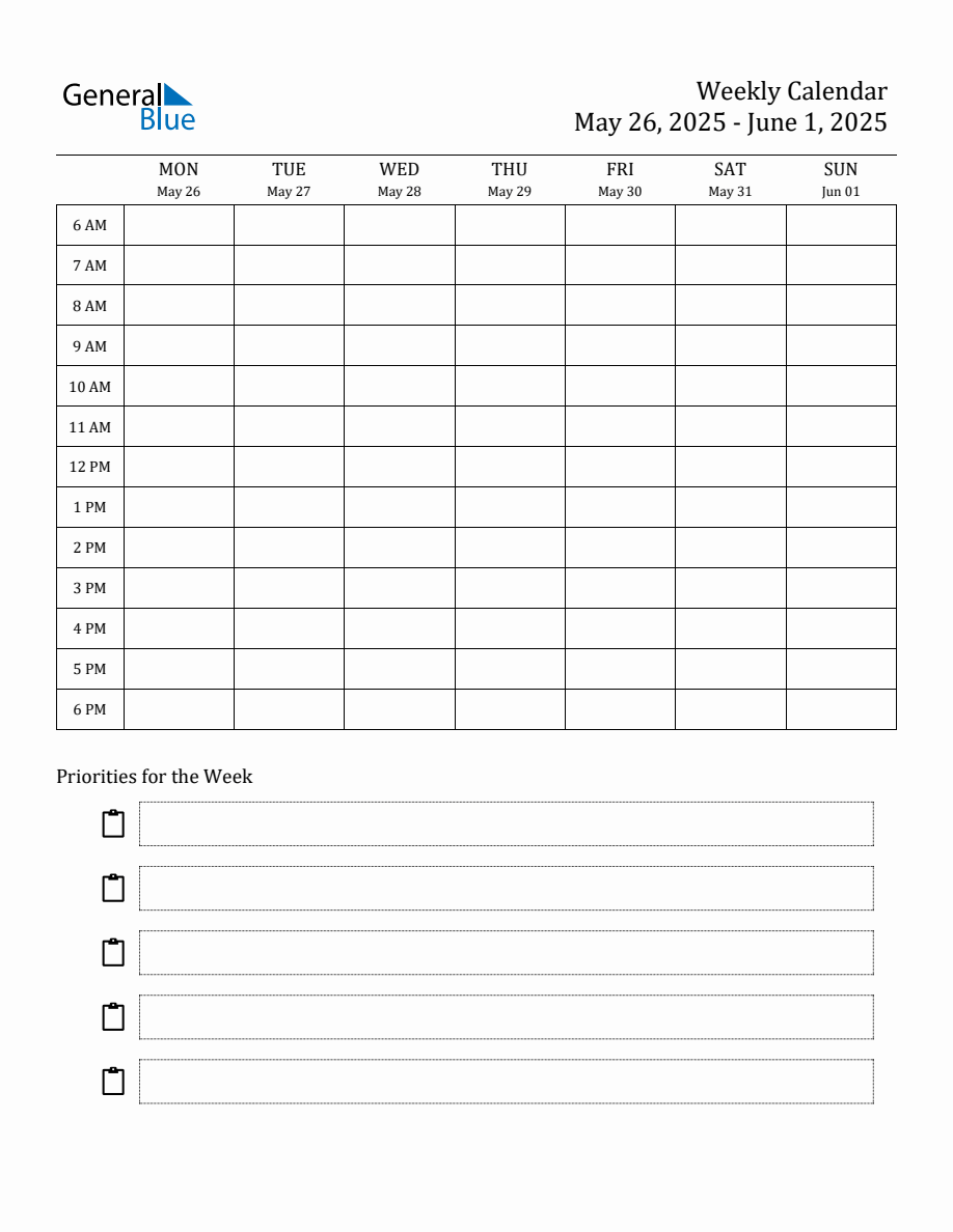 Hourly Schedule Template for the Week of May 26, 2025