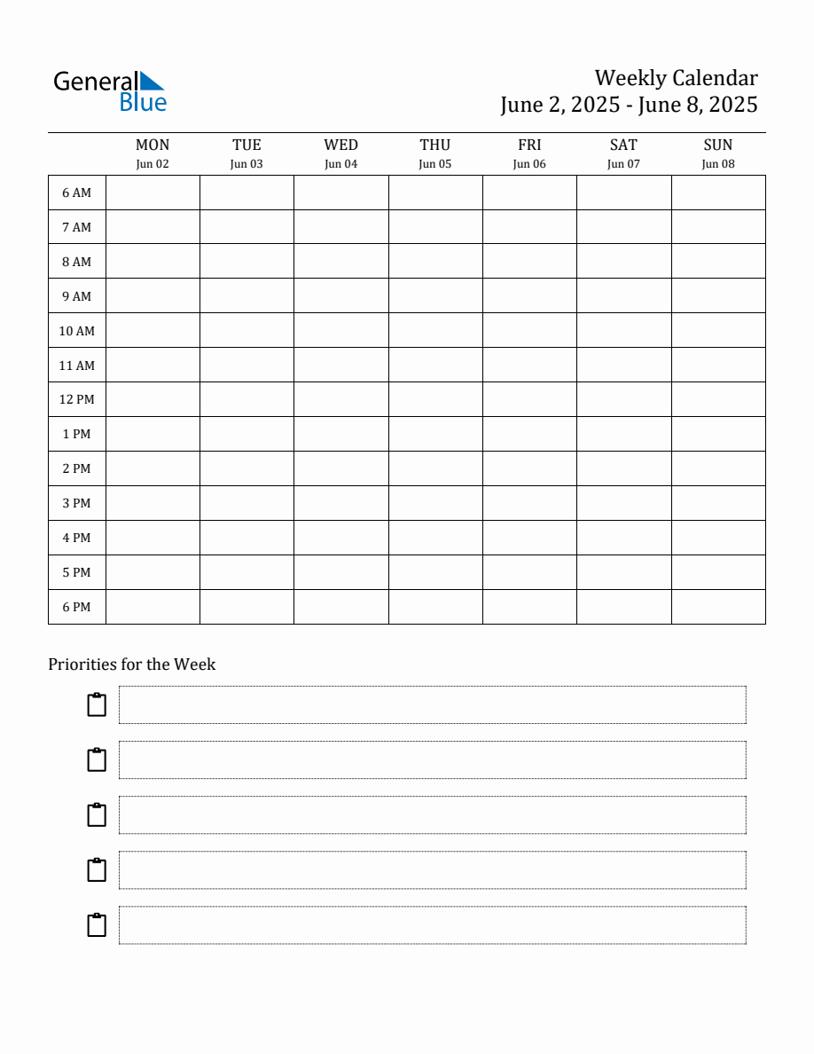 Hourly Schedule Template for the Week of June 2, 2025