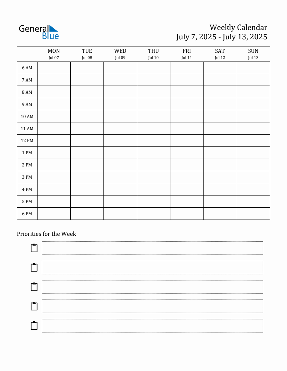 Hourly Schedule Template for the Week of July 7, 2025