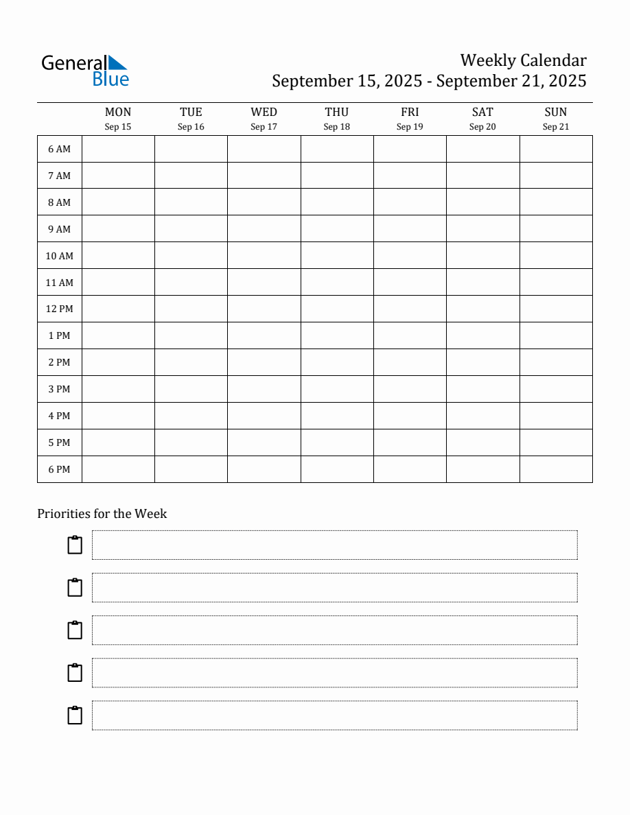 Hourly Schedule Template for the Week of September 15, 2025