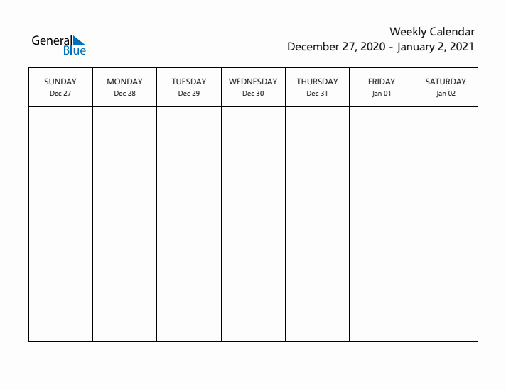 Weekly Calendar - December 27, 2020 to January 2, 2021 - (PDF, Word, Excel)