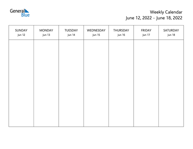 Weekly Calendar - June 12, 2022 To June 18, 2022 - (Pdf, Word, Excel)