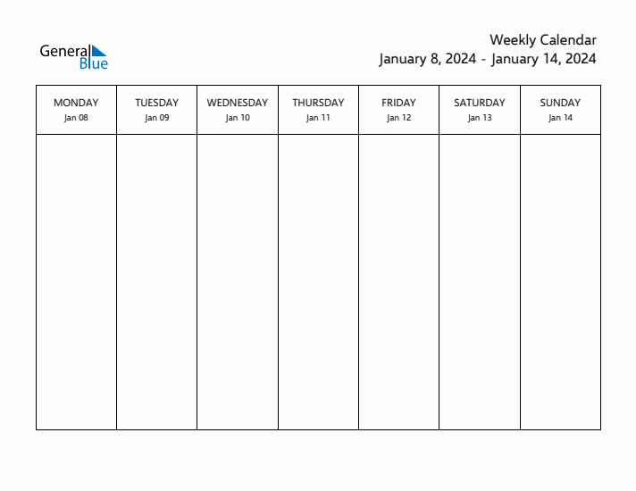 Weekly Calendar with Monday Start for Week 2 (January 8, 2024 to