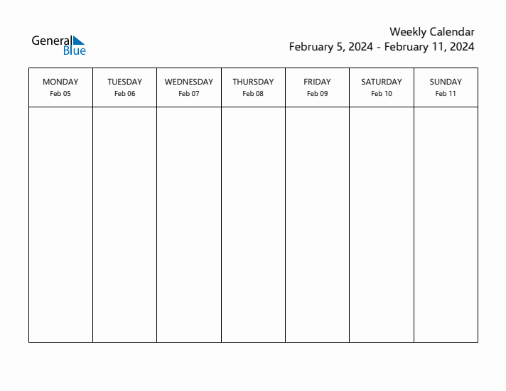 Weekly Calendar with Monday Start for Week 6 (February 5, 2024 to
