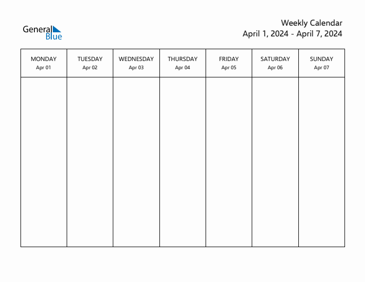 Weekly Calendar with Monday Start for Week 14 (April 1, 2024 to April 7