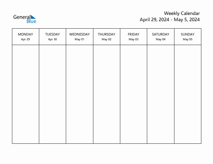 Weekly Calendar with Monday Start for Week 18 (April 29, 2024 to May 5