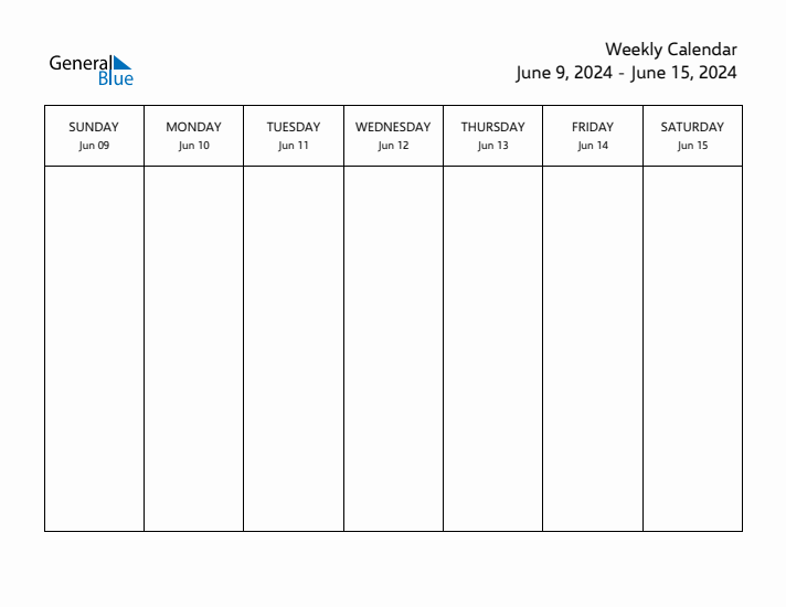 Blank Weekly Calendar for the Week of June 9, 2024