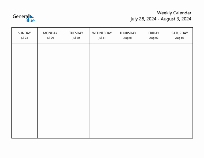 Weekly Calendar July 28, 2024 to August 3, 2024 (PDF, Word, Excel)