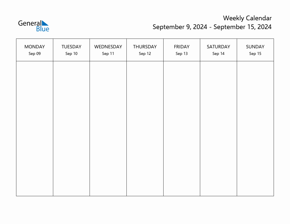 Blank Weekly Calendar for the Week of September 9, 2024