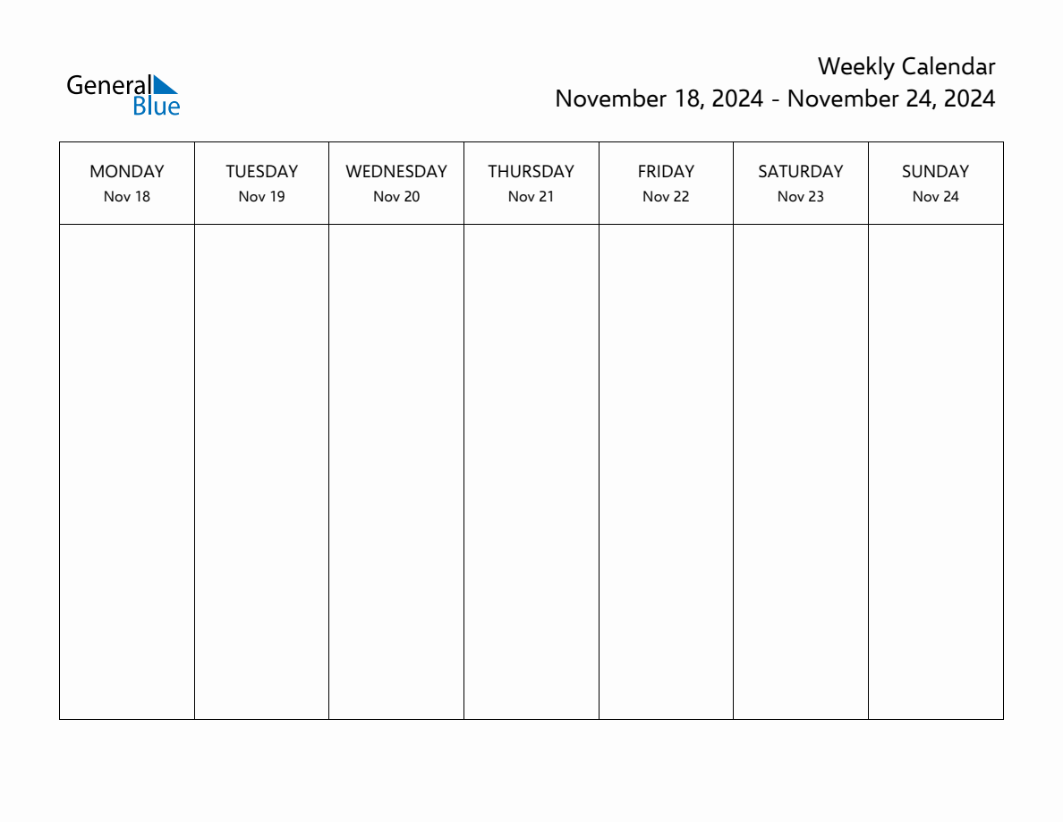 Blank Weekly Calendar for the Week of November 18, 2024