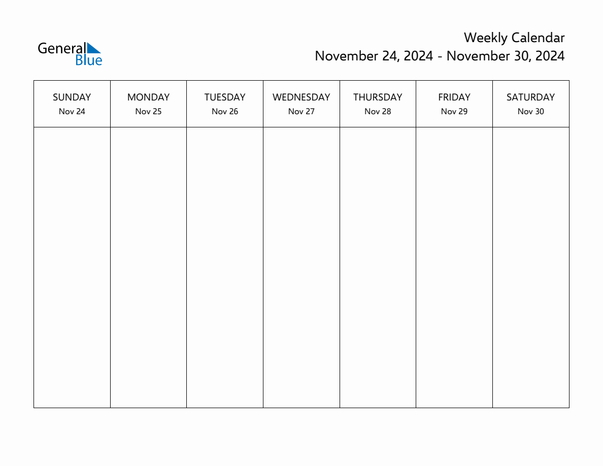 Blank Weekly Calendar for the Week of November 24, 2024