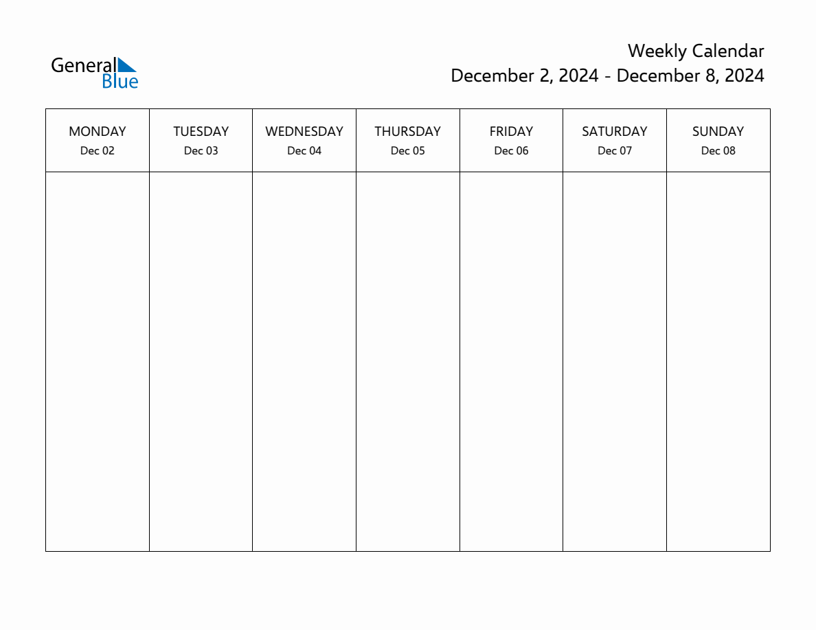 Blank Weekly Calendar for the Week of December 2, 2024