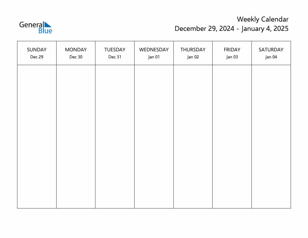 Blank Weekly Calendar for the Week of December 29, 2024