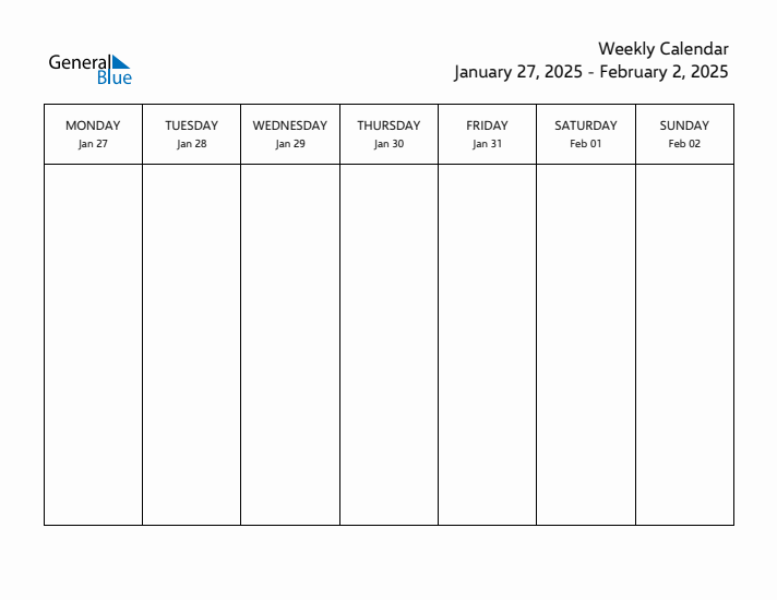 Weekly Calendar with Monday Start for Week 5 (January 27, 2025 to