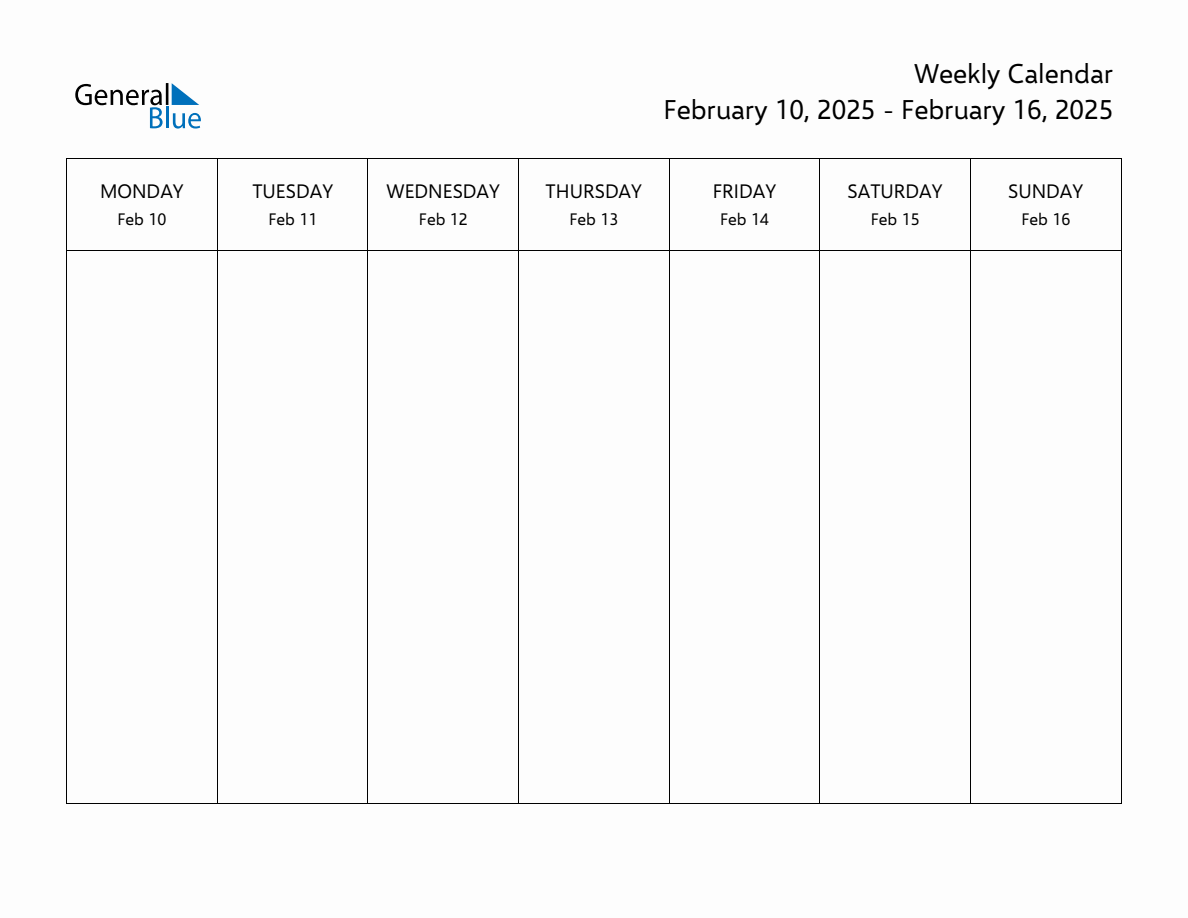 Blank Weekly Calendar for the Week of February 10, 2025