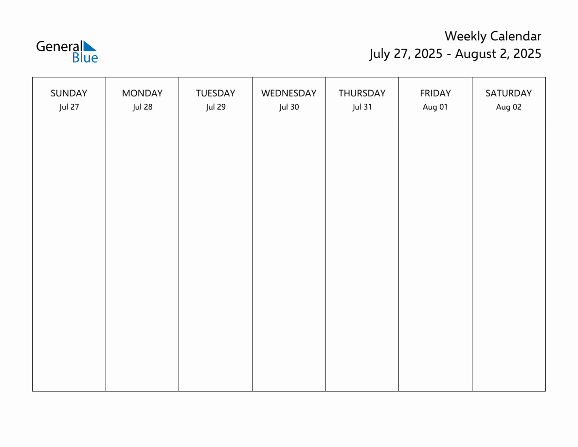 Blank Weekly Calendar for the Week of July 27, 2025