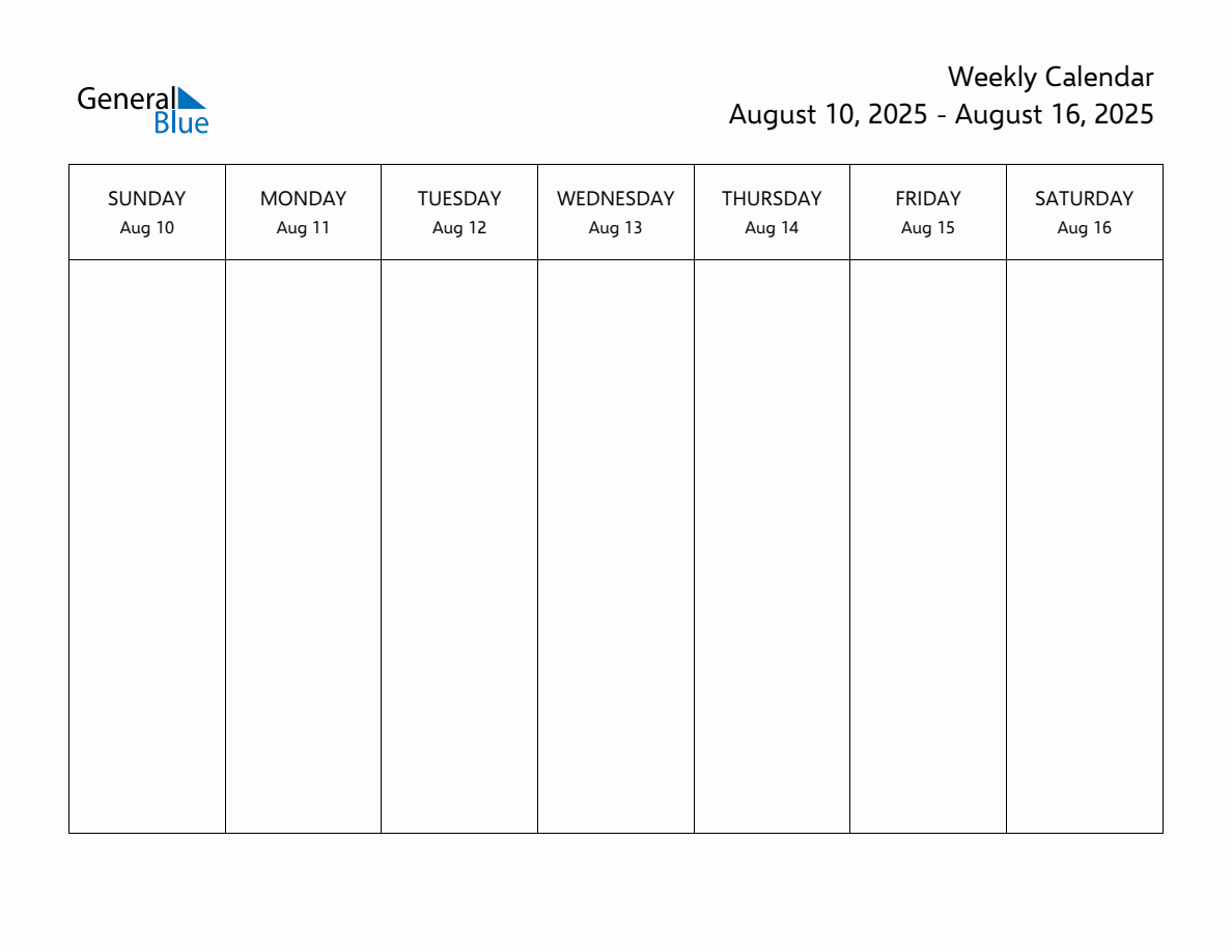 Blank Weekly Calendar for the Week of August 10, 2025
