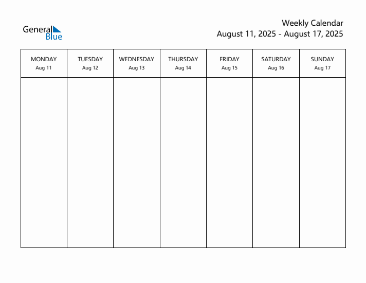 Weekly Calendar with Monday Start for Week 33 (August 11, 2025 to