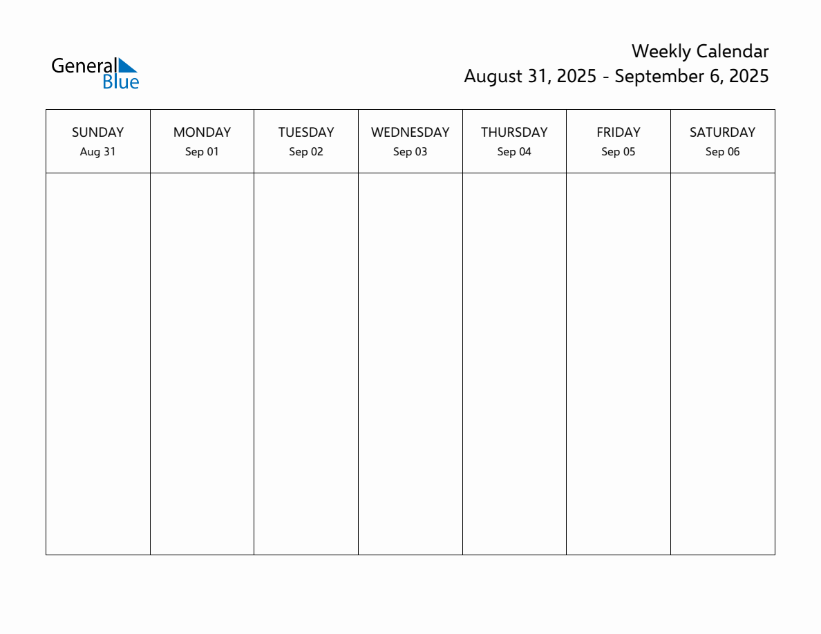 Blank Weekly Calendar for the Week of August 31, 2025