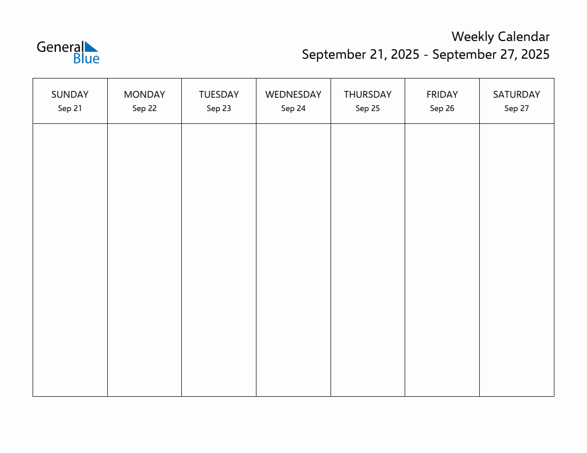 Blank Weekly Calendar for the Week of September 21, 2025