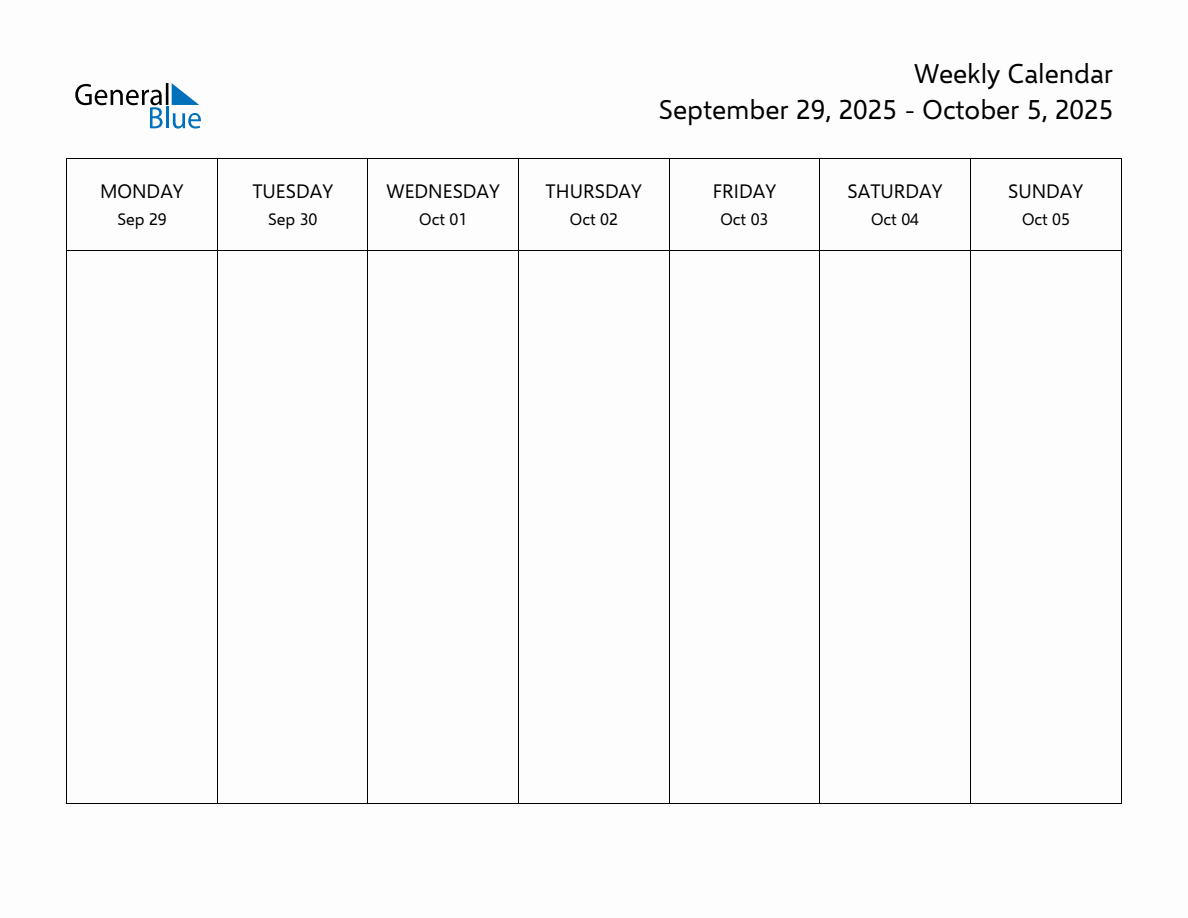 Blank Weekly Calendar for the Week of September 29, 2025