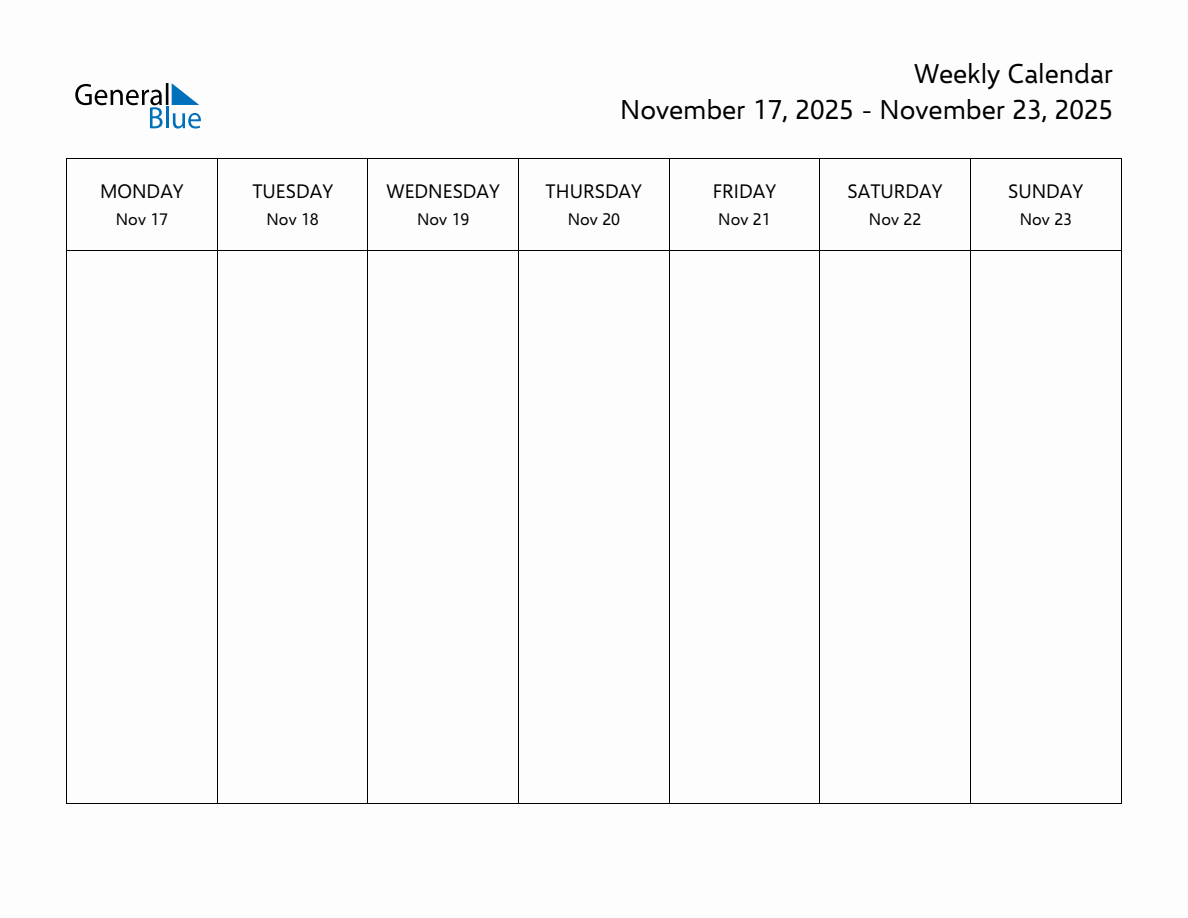 Blank Weekly Calendar for the Week of November 17, 2025