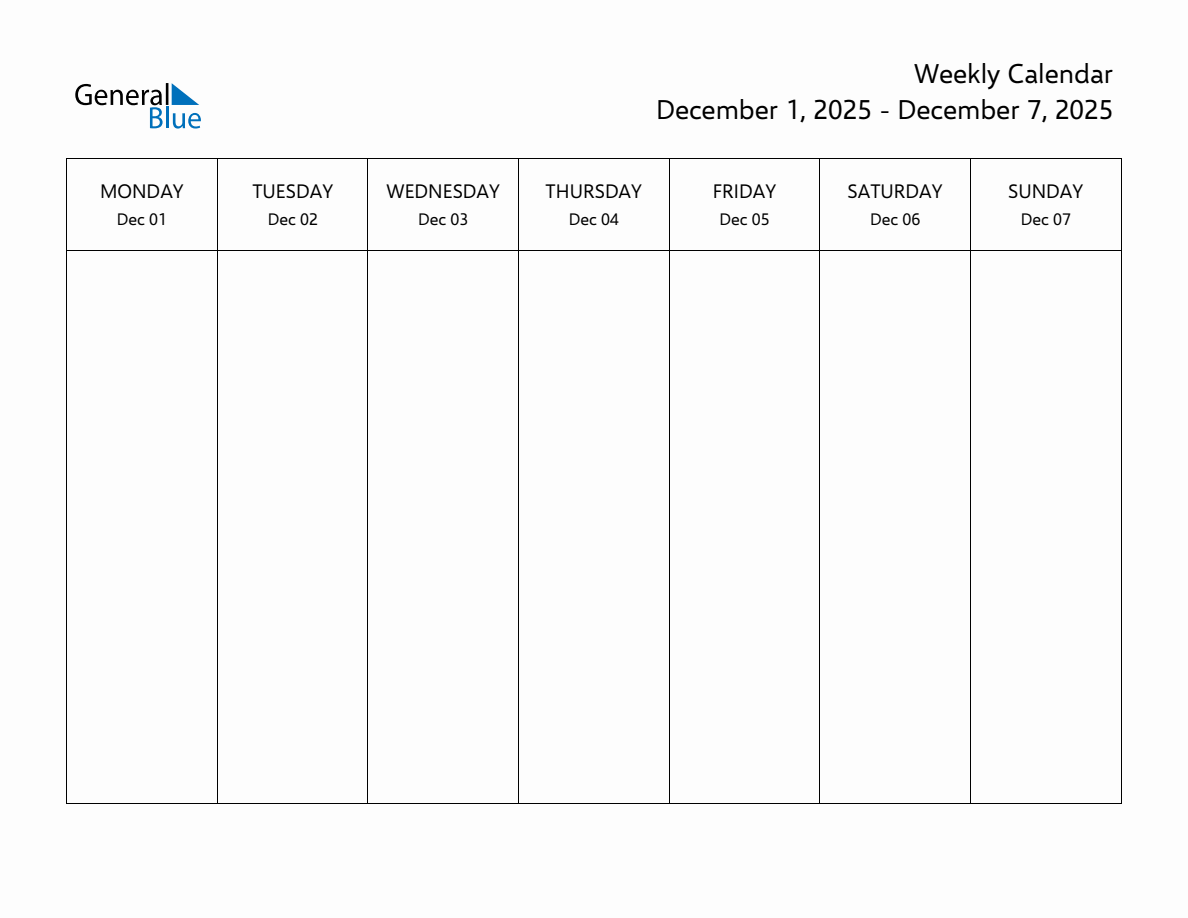 Blank Weekly Calendar for the Week of December 1, 2025