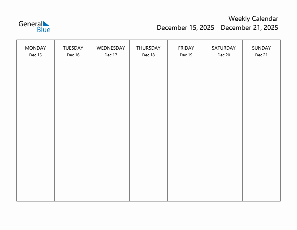 Blank Weekly Calendar for the Week of December 15, 2025