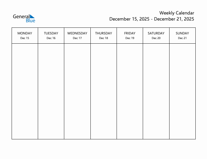 Weekly Calendar with Monday Start for Week 51 (December 15, 2025 to