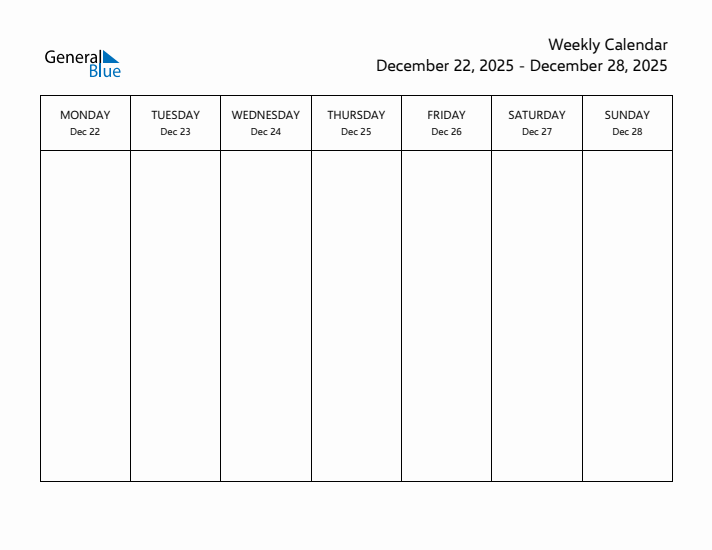 Weekly Calendar with Monday Start for Week 52 (December 22, 2025 to