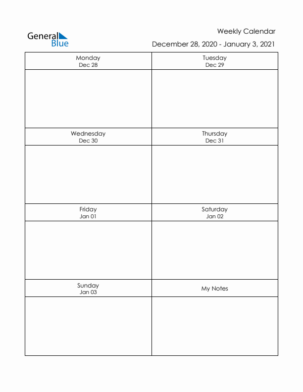 Printable Weekly Planner Template (Week 53 of 2020)