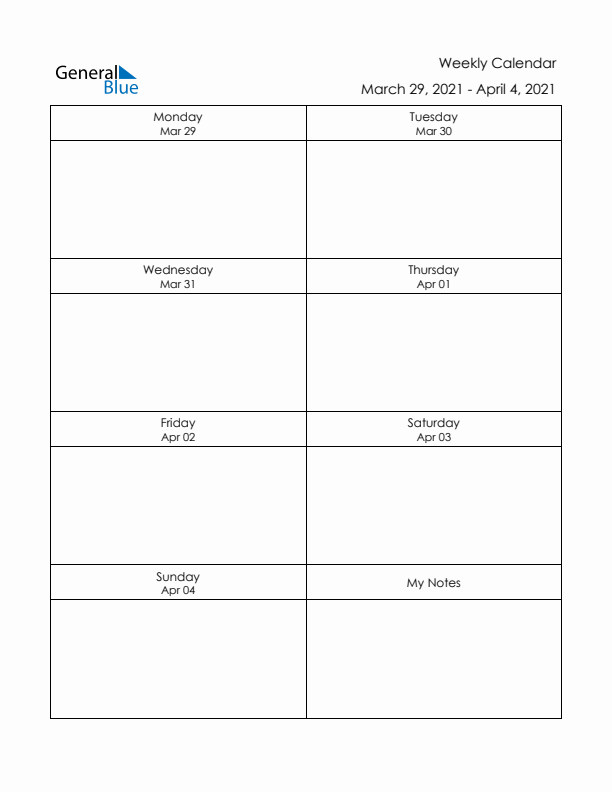 Printable Weekly Planner Template (Week 13 of 2021)