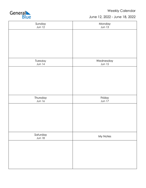 Weekly Calendar - June 12, 2022 To June 18, 2022 - (Pdf, Word, Excel)