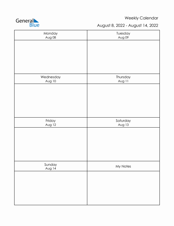 Printable Weekly Planner Template (Week 32 of 2022)