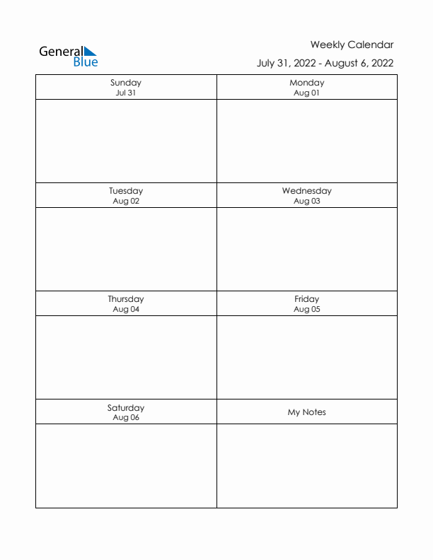 Printable Weekly Planner Template (Week 32 of 2022)