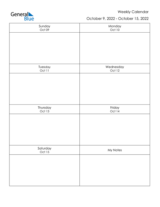 Weekly Calendar - October 9, 2022 to October 15, 2022 - (PDF, Word, Excel)