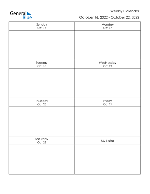 Weekly Calendar - October 16, 2022 to October 22, 2022 - (PDF, Word, Excel)