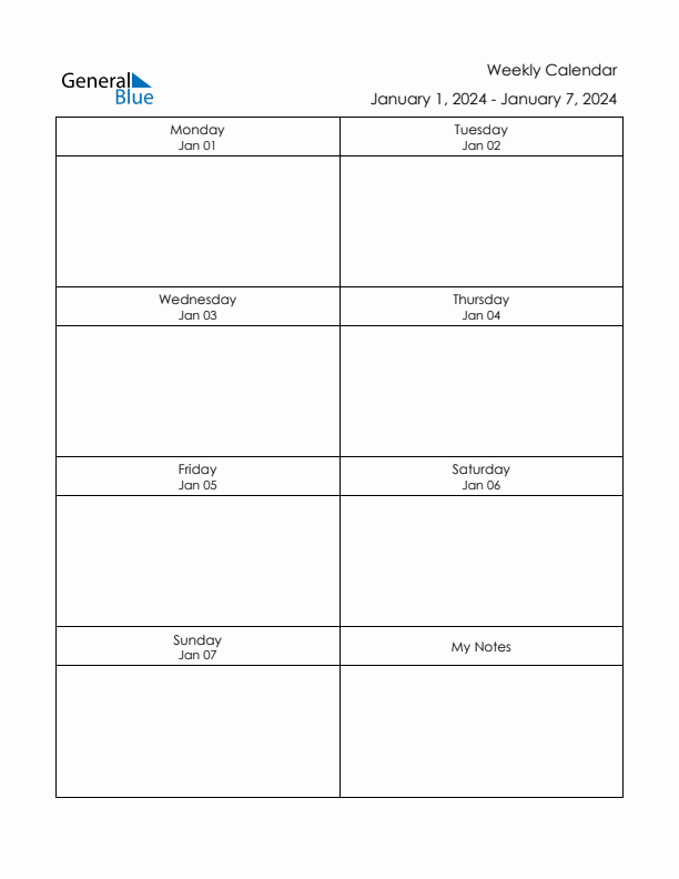 Printable Weekly Planner Template (Week 1 of 2024)