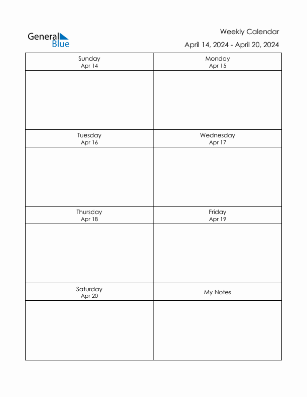 Printable Weekly Planner Template (Week 16 of 2024)