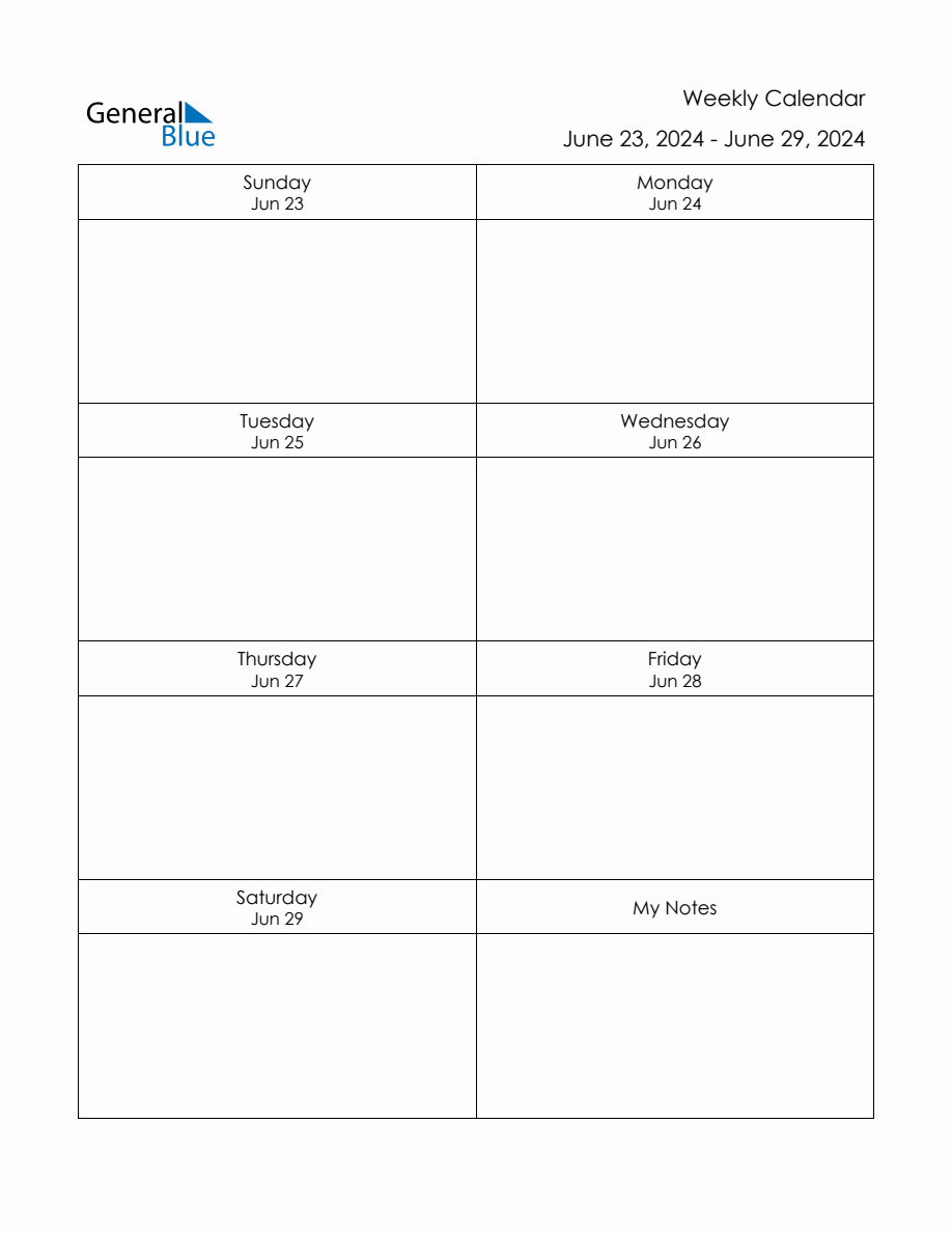 Blank Weekly Calendar in PDF, Word, and Excel for June 23 to June 29