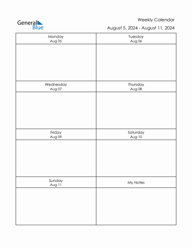 Printable Weekly Planner Template (Week 32 of 2024)