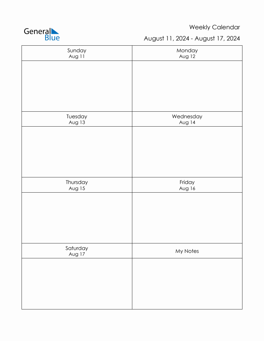 Blank Weekly Calendar in PDF, Word, and Excel for August 11 to August 17