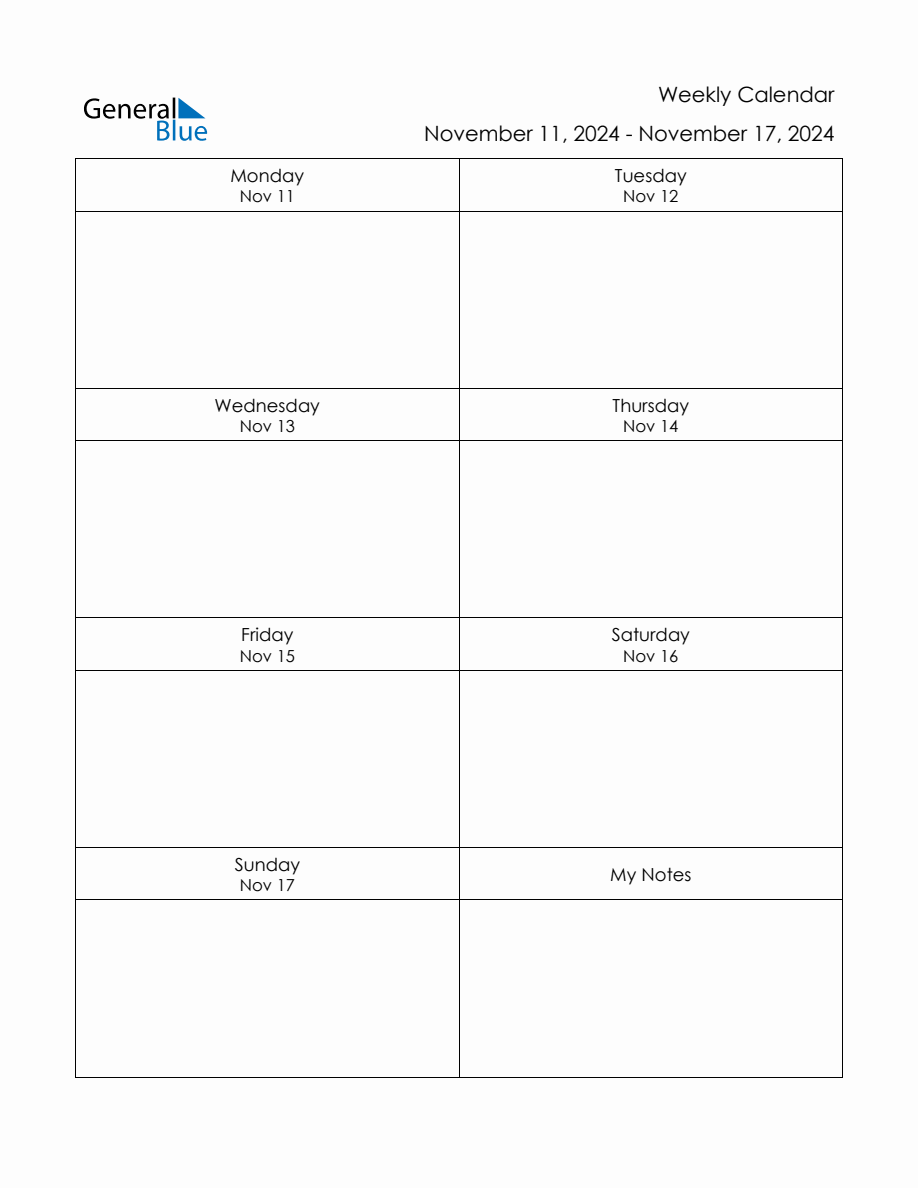 Blank Weekly Calendar in PDF, Word, and Excel for November 11 to