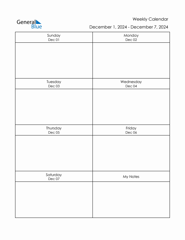 Blank Weekly Calendar in PDF, Word, and Excel for December 1 to December 7