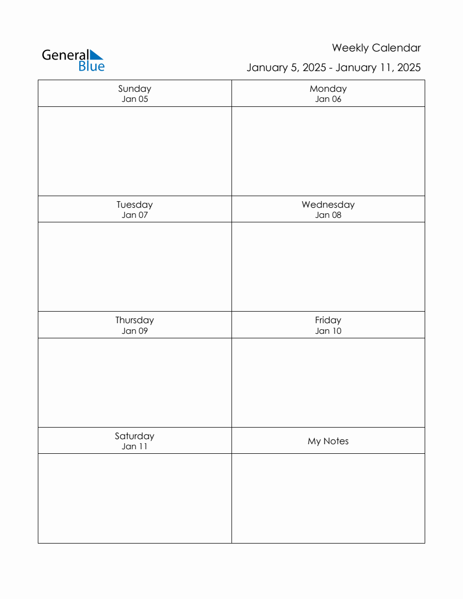 Blank Weekly Calendar in PDF, Word, and Excel for January 5 to January 11