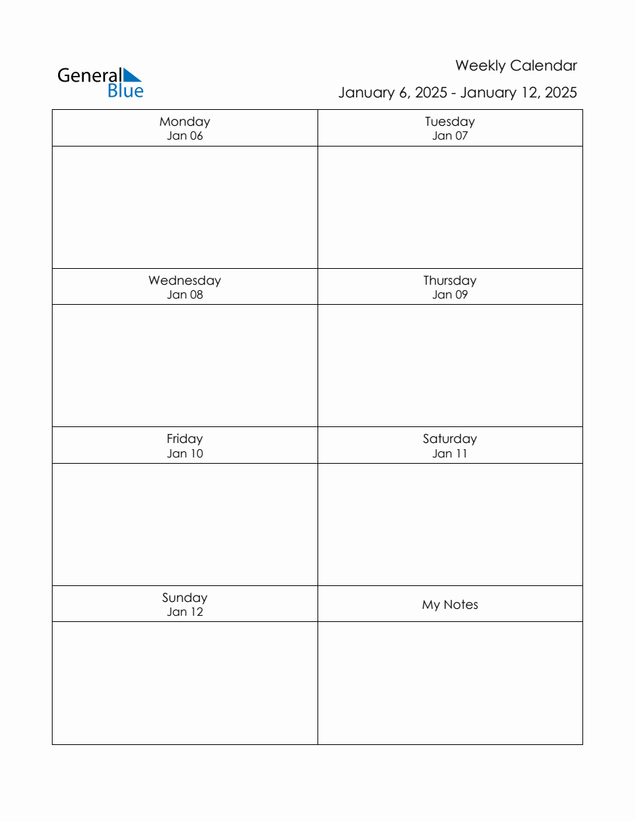 Blank Weekly Calendar in PDF, Word, and Excel for January 6 to January 12