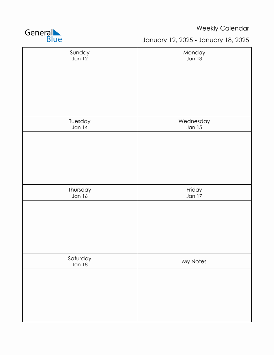 Blank Weekly Calendar in PDF, Word, and Excel for January 12 to January 18